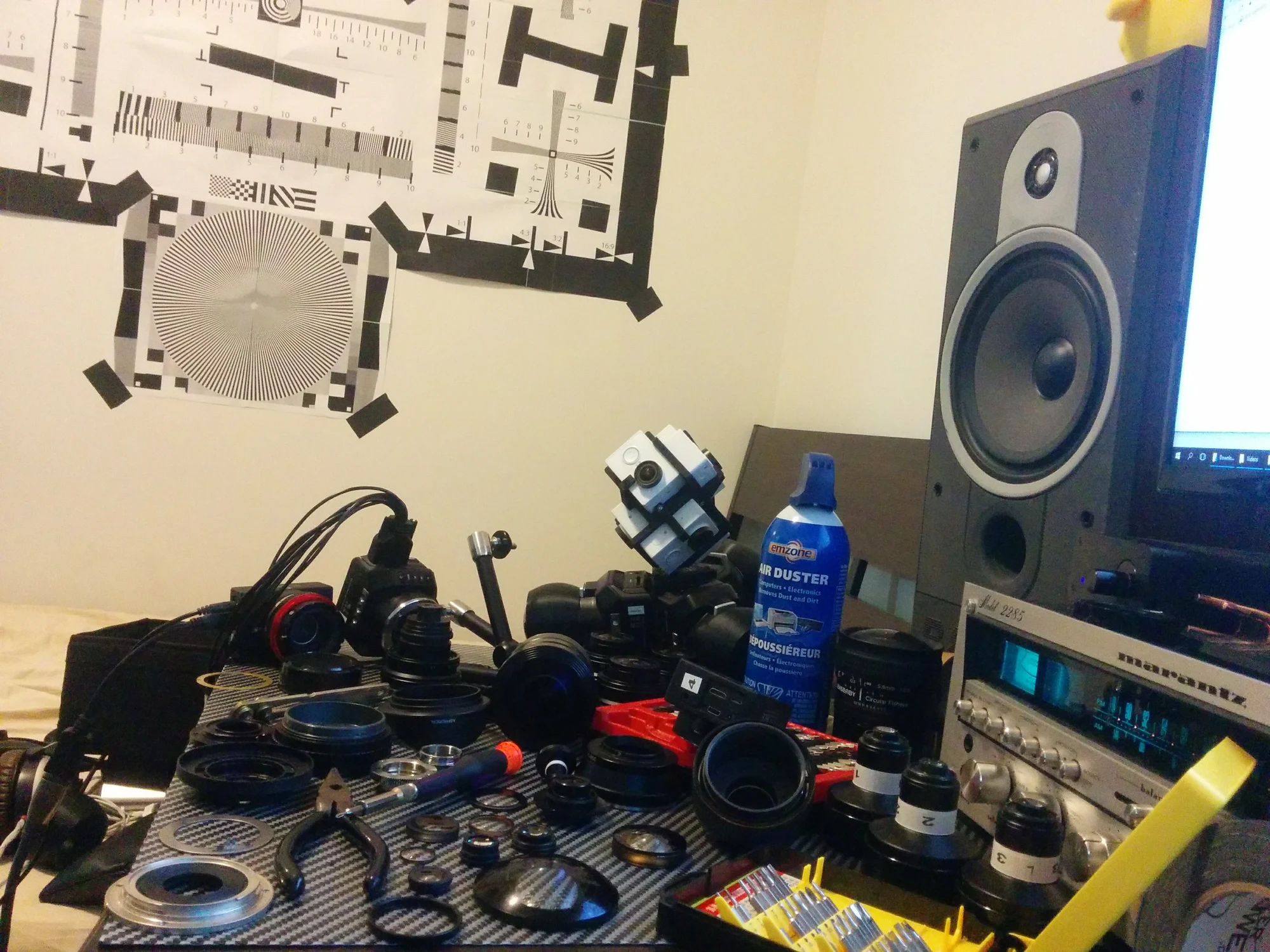 Development workbench with cameras, lenses and calibration targets.
