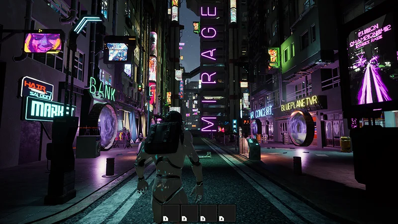 Mirage prototype environment showing an avatar in a neon city.