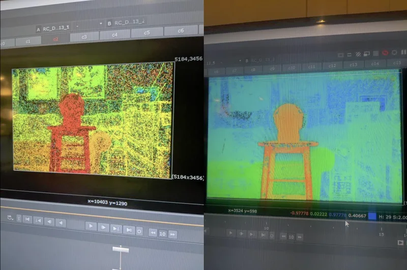 Two monitors displaying depth-map processing in the 2021 GTC presentation.