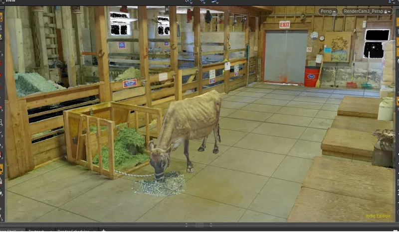 Rendered volumetric cow capture in barn environment.