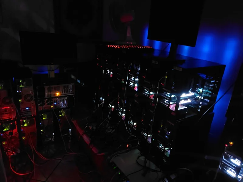 Dark close view of multi-camera capture installation and processing equipment.