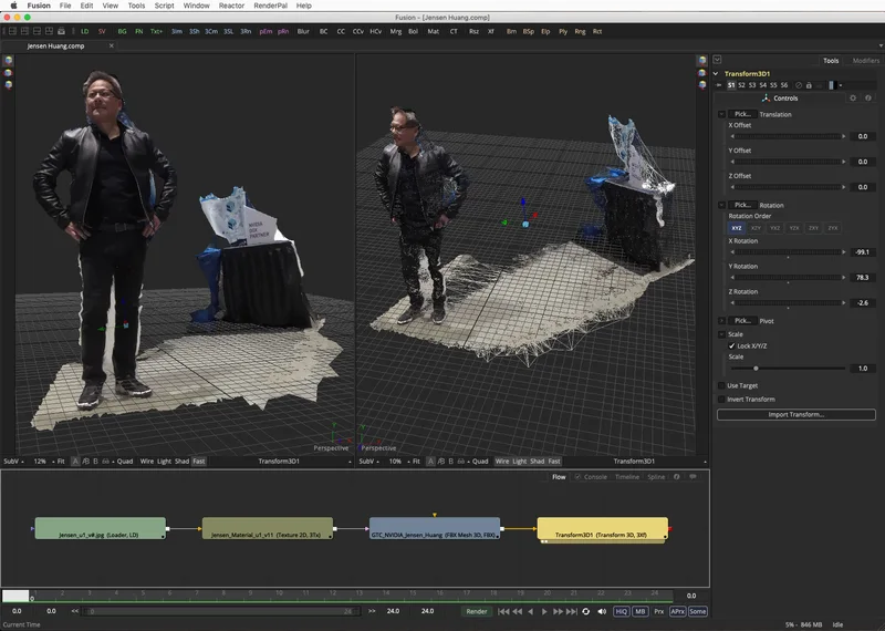 Software screenshot showing reconstructed subject and mesh/point cloud processing.