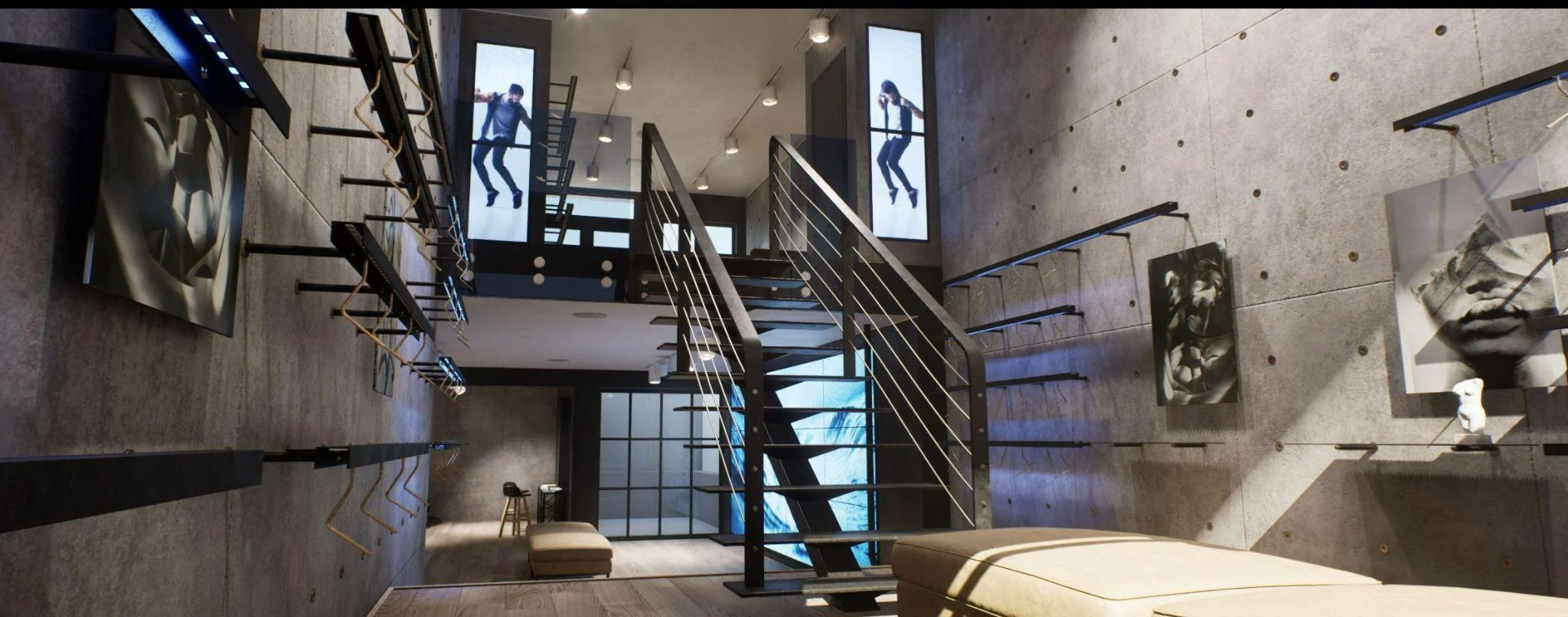 Rendered Mirage prototype interior with stairs, artwork and display panels.