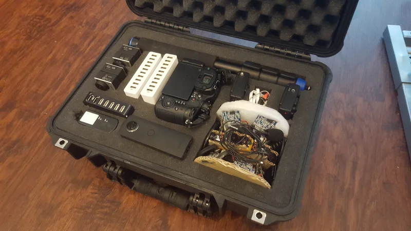Camera prototype, electronics and parts stored in a custom-cut carrying case.