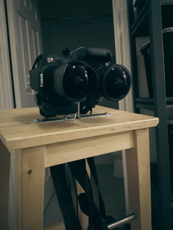 Two-camera 3D-180 fisheye setup on stand/table.
