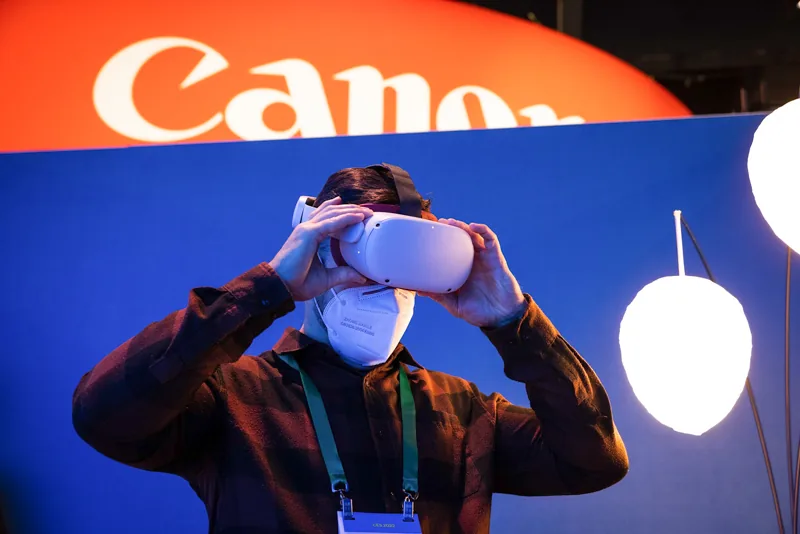 Visitor wearing a VR headset in Canon’s Kokomo demonstration, CES 2022.