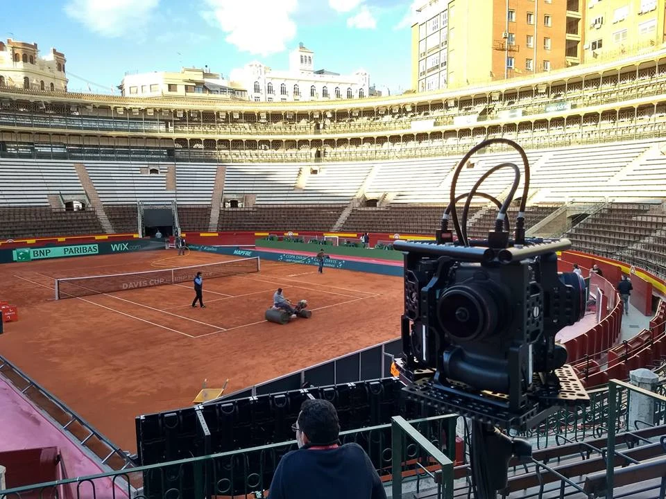 Custom multicamera rig deployed at a tennis venue with Davis Cup signage.
