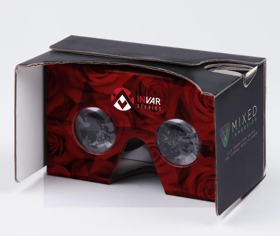 Branded Rose Colored cardboard VR viewer prepared for the film’s promotion. INVAR Studios / Mixed Immersion, 2018.