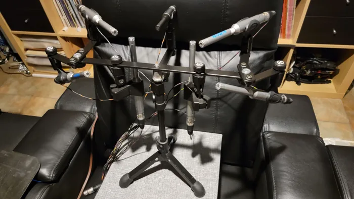 Radial microphone array assembled for MultiView audio tests.