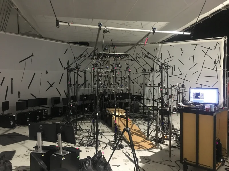 Wide view of the multi-camera stage with witness monitor and capture room.
