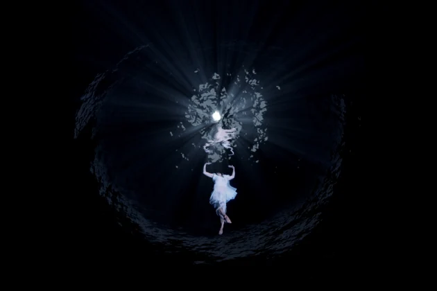 Metamorphosis underwater film still with a figure beneath the water surface.