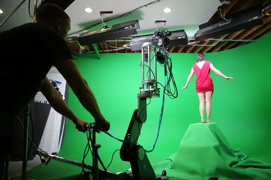 A green-screen setup for the falling shot in Rose Colored.