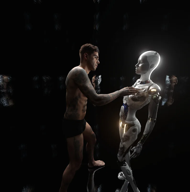 Digital human and robot in another Human Now composition — rendered show visual.