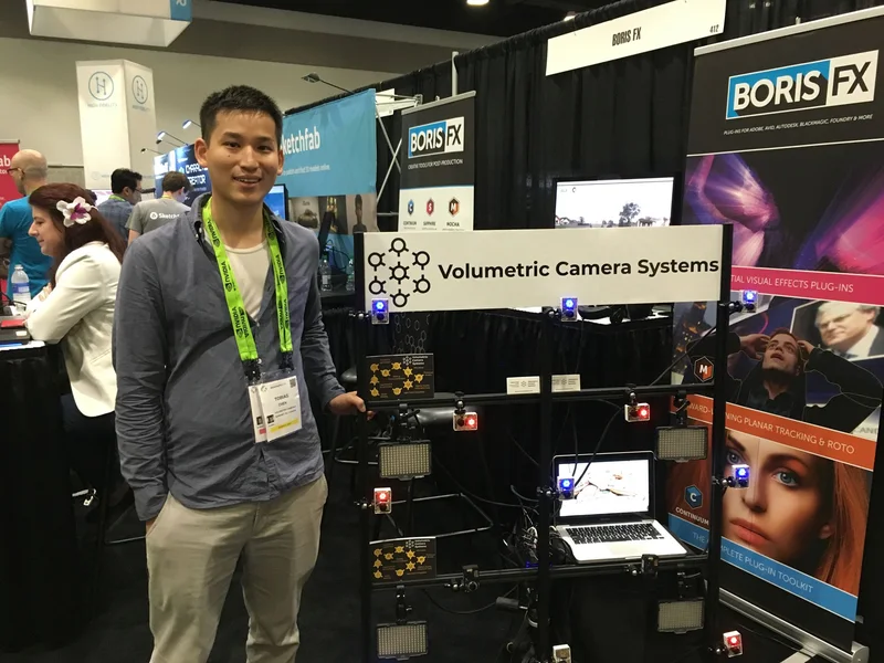 Branded VCS camera array at the SIGGRAPH 2018 booth beside Boris FX and Sketchfab.