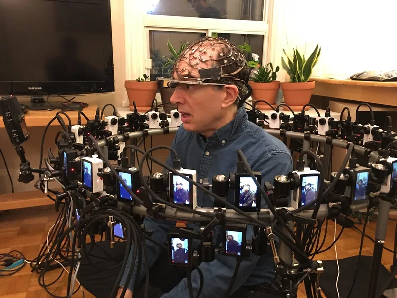 Head capture ring with participant wearing tracking equipment.