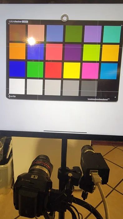 Camera calibration setup with a colour chart.