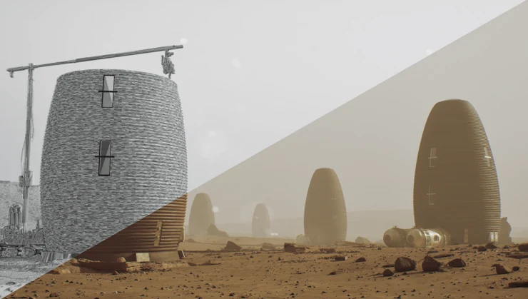 Mars habitat environment, geometry and finished shading comparison — project environment render.