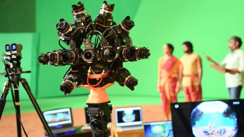 Multi-camera capture ring used with a performer against a green screen.
