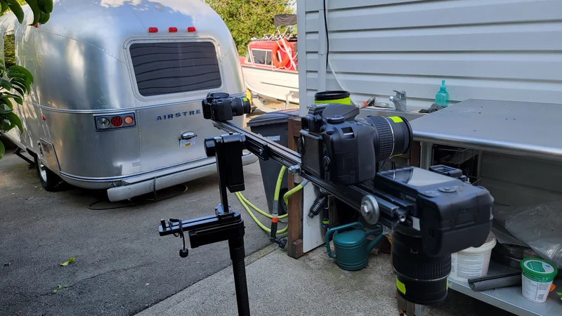 Oblique view of two-camera custom capture rig outdoors.